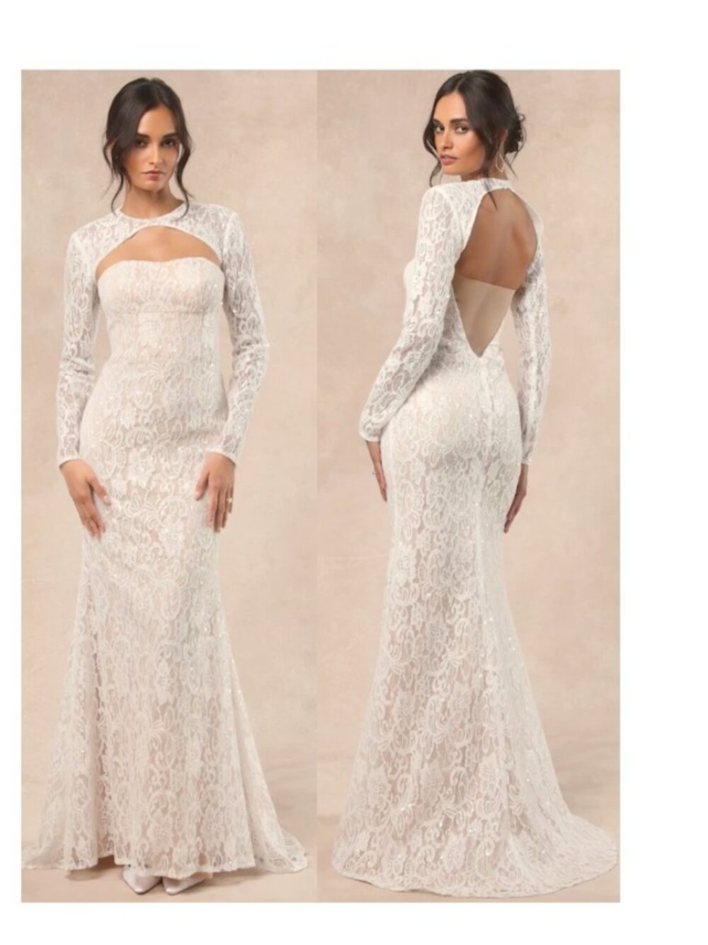 Lulus Neska White and Beige Lace Maxi Dress and Shrug Set Size XS New NWT